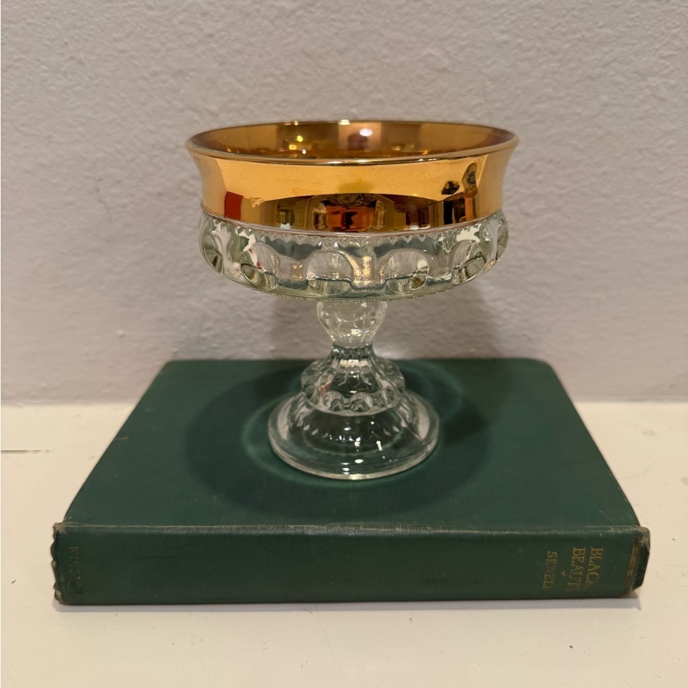 Vintage 1950s-60s Indiana Glass Kings Crown Gold Rim Thumbprint Compote Dish